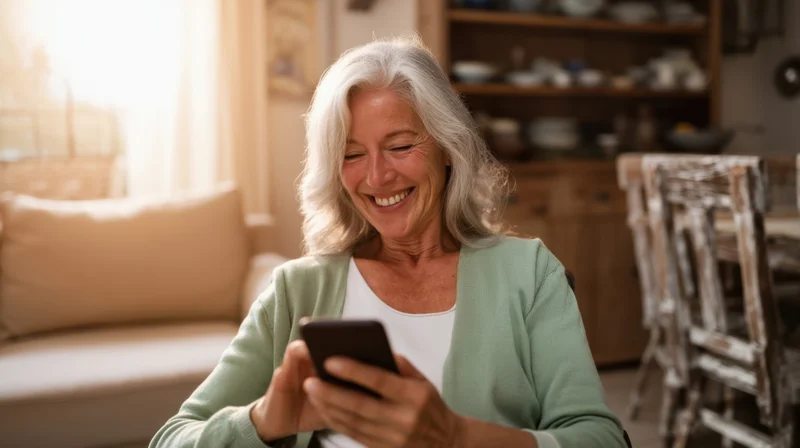 Senior woman smiling while using smartphone in living room