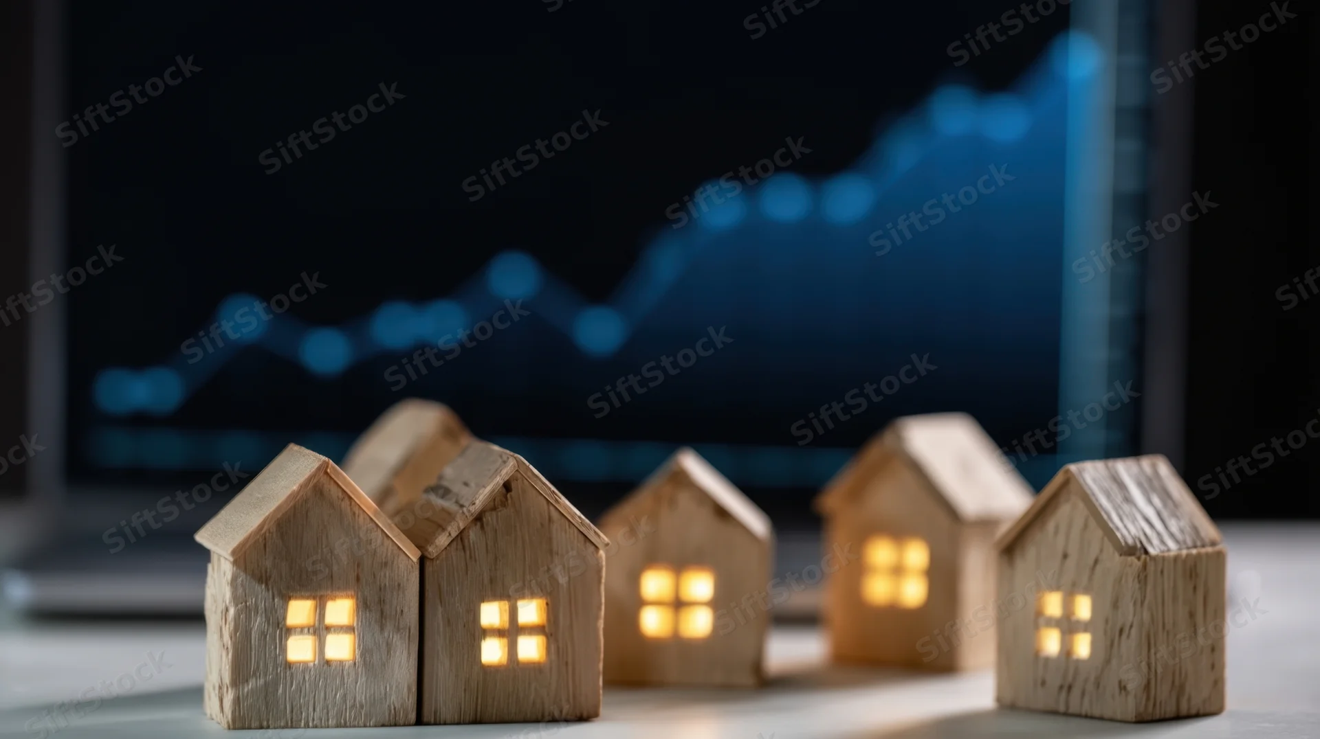 Miniature wooden houses with glowing windows arranged on a desk in front of a laptop displaying a rising financial graph