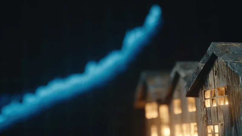 Miniature wooden houses with glowing windows in front of a blue upward trending graph