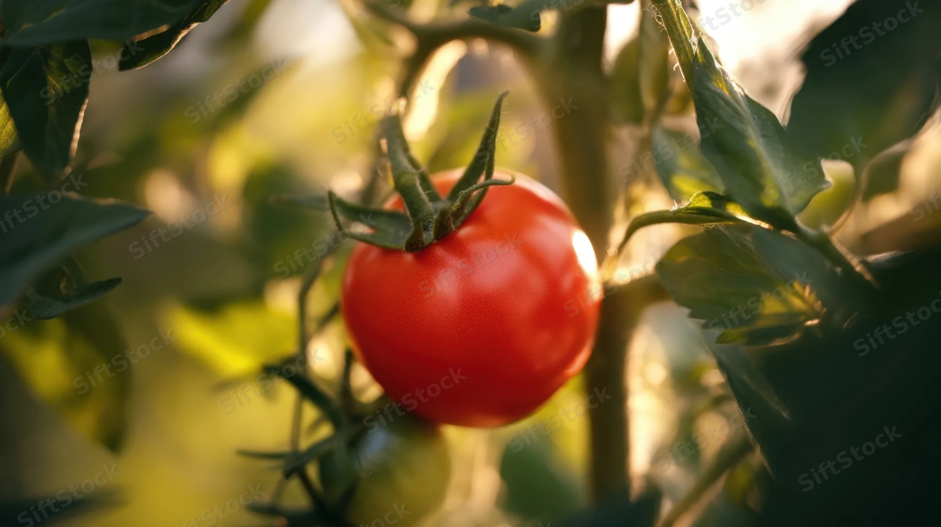Ripe red tomato on vine in garden with sunlight filtering through leaves