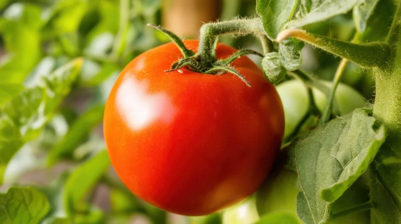 Ripe red tomato on vine surrounded by green leaves in garden