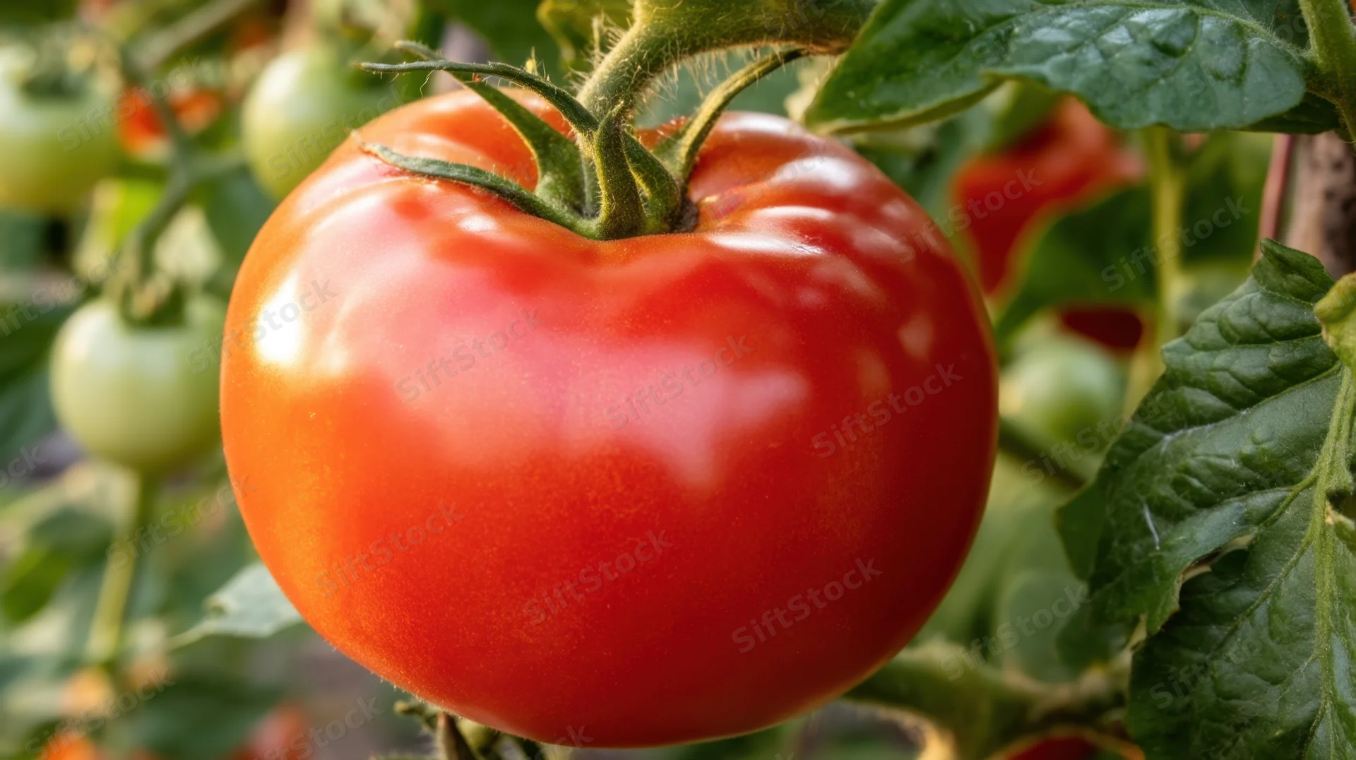 Ripe red tomato on vine surrounded by green leaves in garden