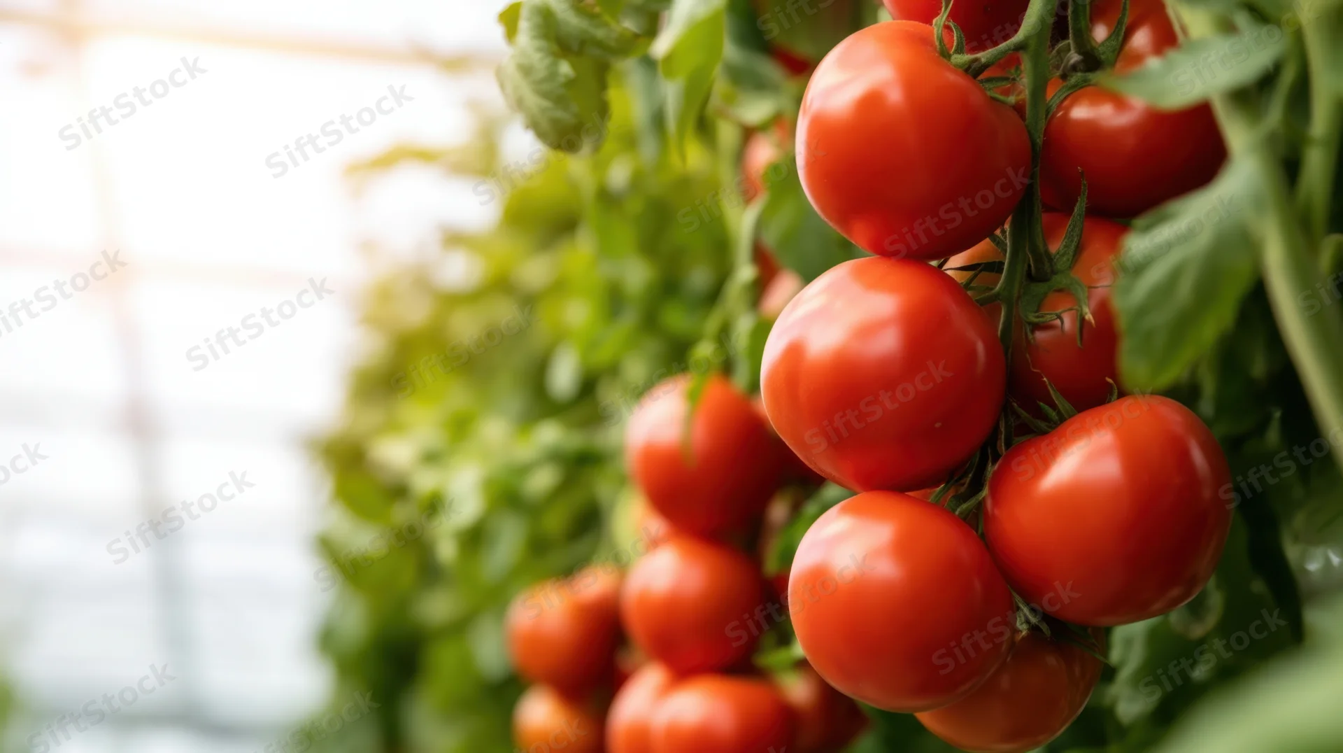 Ripe red tomatoes growing on a vine in a greenhouse