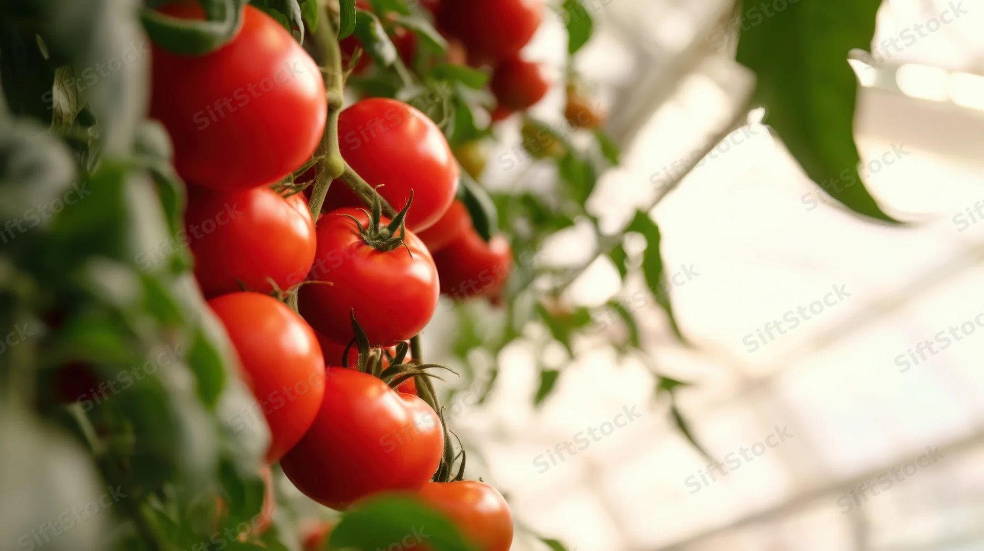 Ripe tomatoes growing on a vine inside a greenhouse