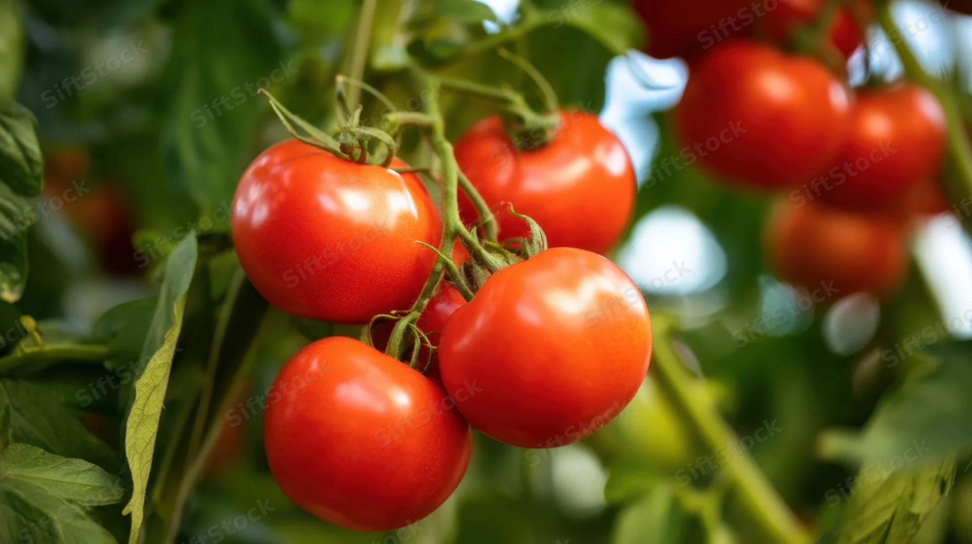 Ripe red tomatoes growing on a vine in a garden