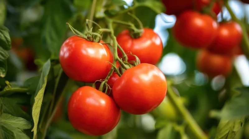 Ripe red tomatoes growing on a vine in a garden