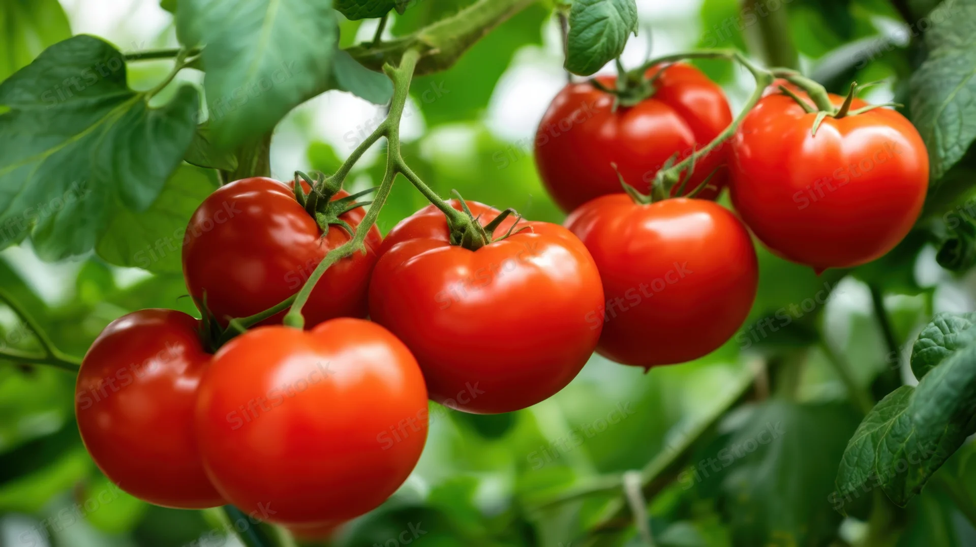 Ripe red tomatoes growing on a vine in a garden