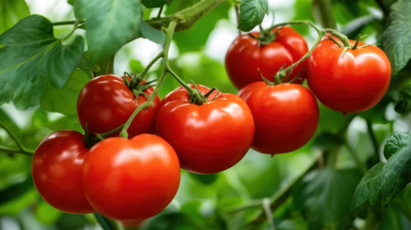 Ripe red tomatoes growing on a vine in a garden