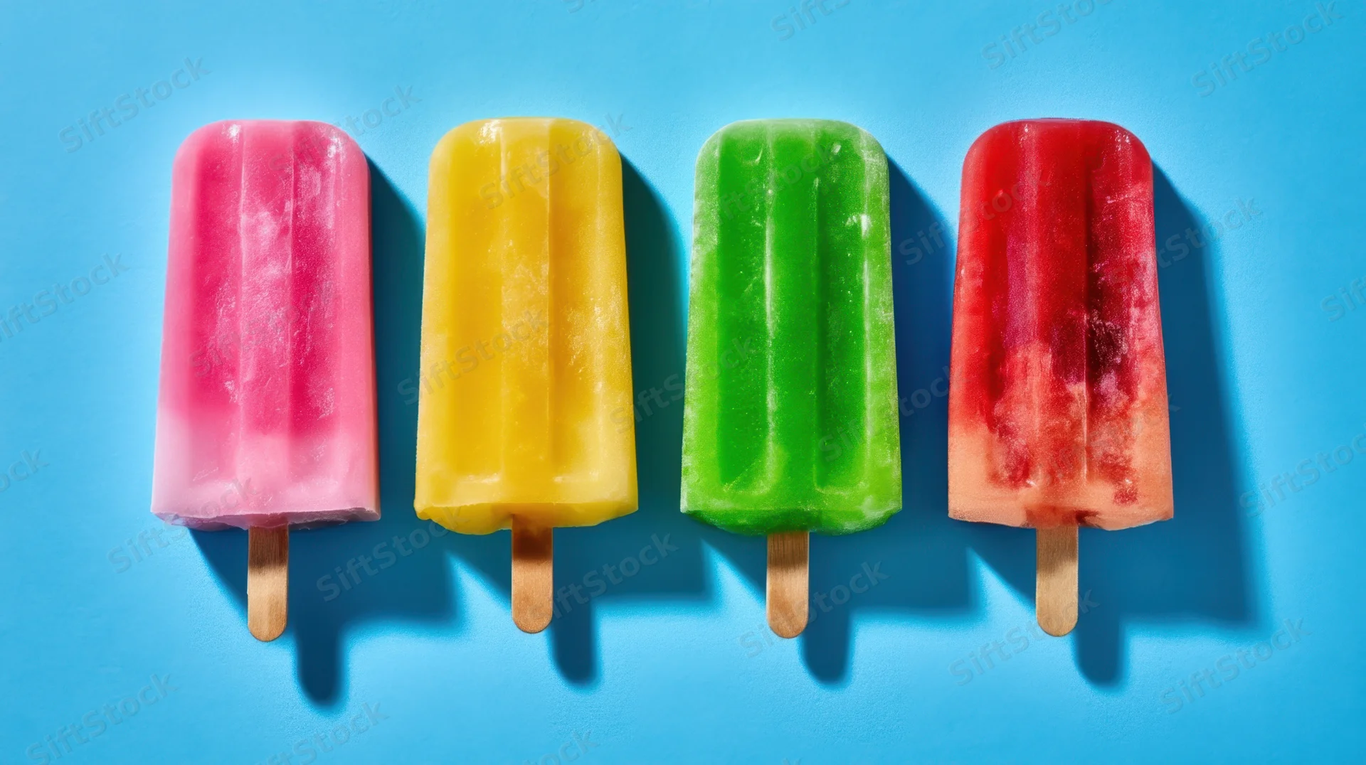 Four colorful popsicles in a row on a blue background