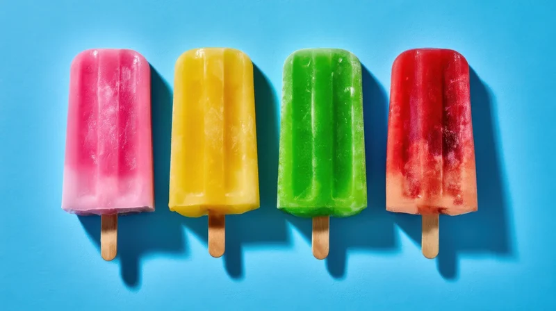 Four colorful popsicles in a row on a blue background