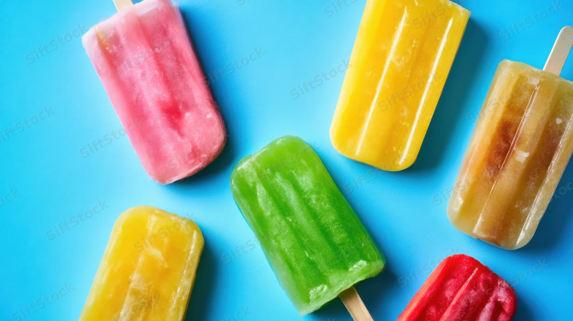 Colorful popsicles arranged on a blue background with copyspace