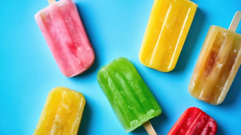 Colorful popsicles arranged on a blue background with copyspace