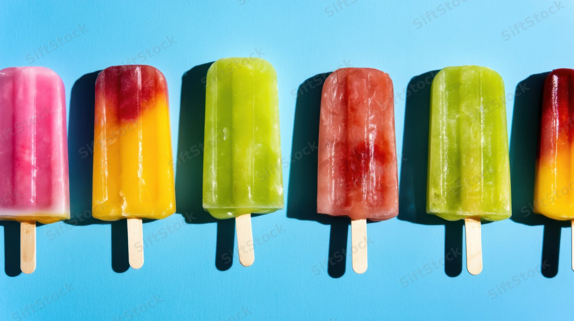 Row of colorful popsicles lined up on a blue background