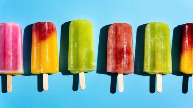 Row of colorful popsicles lined up on a blue background