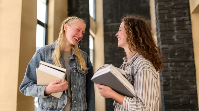 Two young women laughing and talking while holding books in a campus hallway