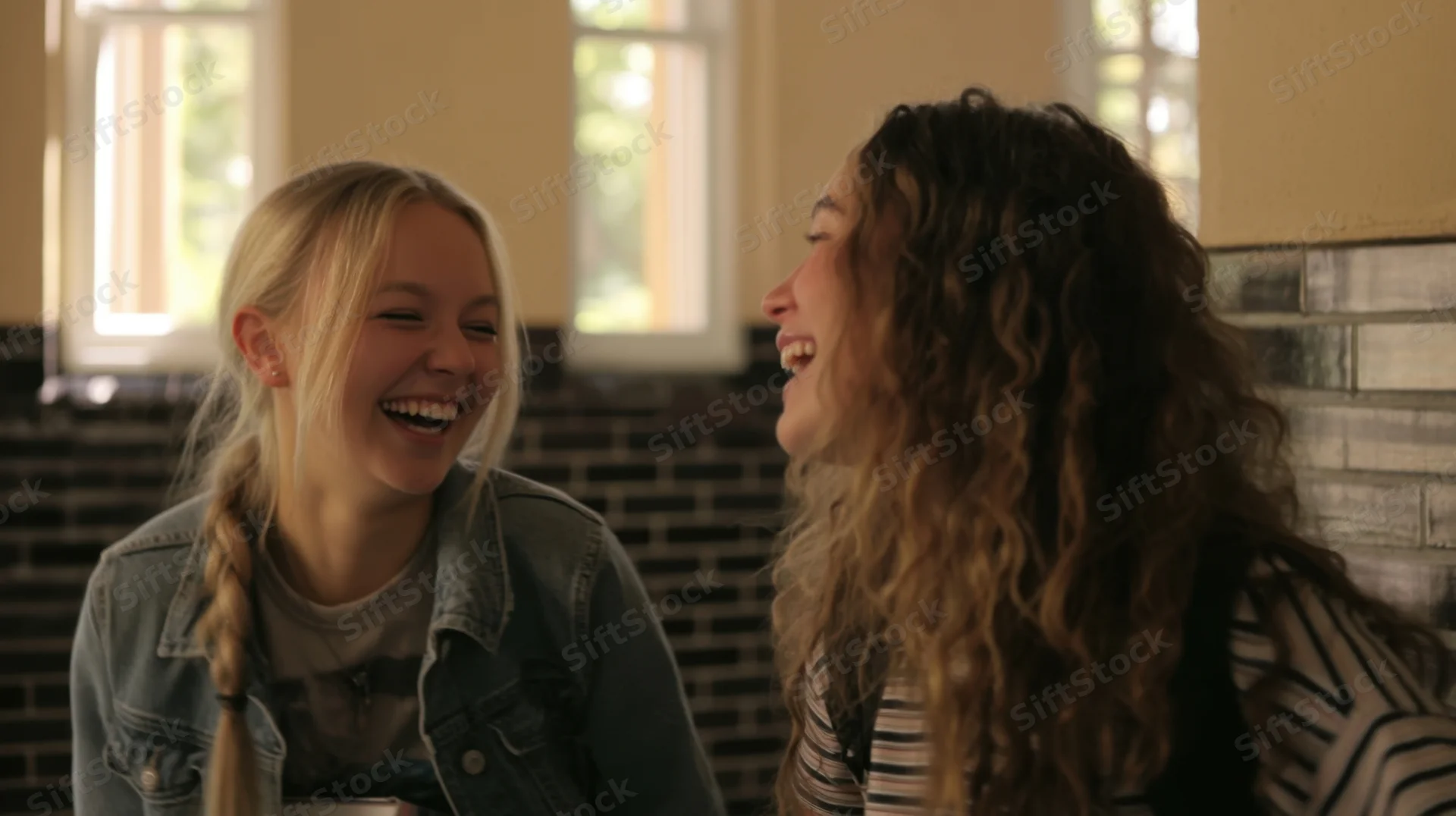 Two teenage women laughing together in a cafe interior