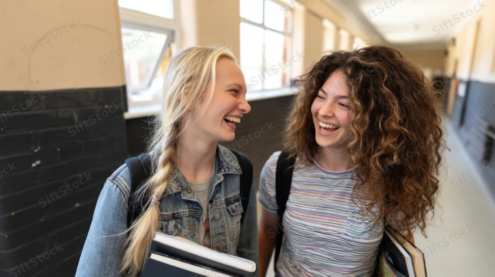 Two teenage girls laughing and talking in a school hallway while holding books and wearing backpacks