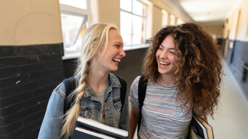 Two teenage girls laughing and talking in a school hallway while holding books and wearing backpacks