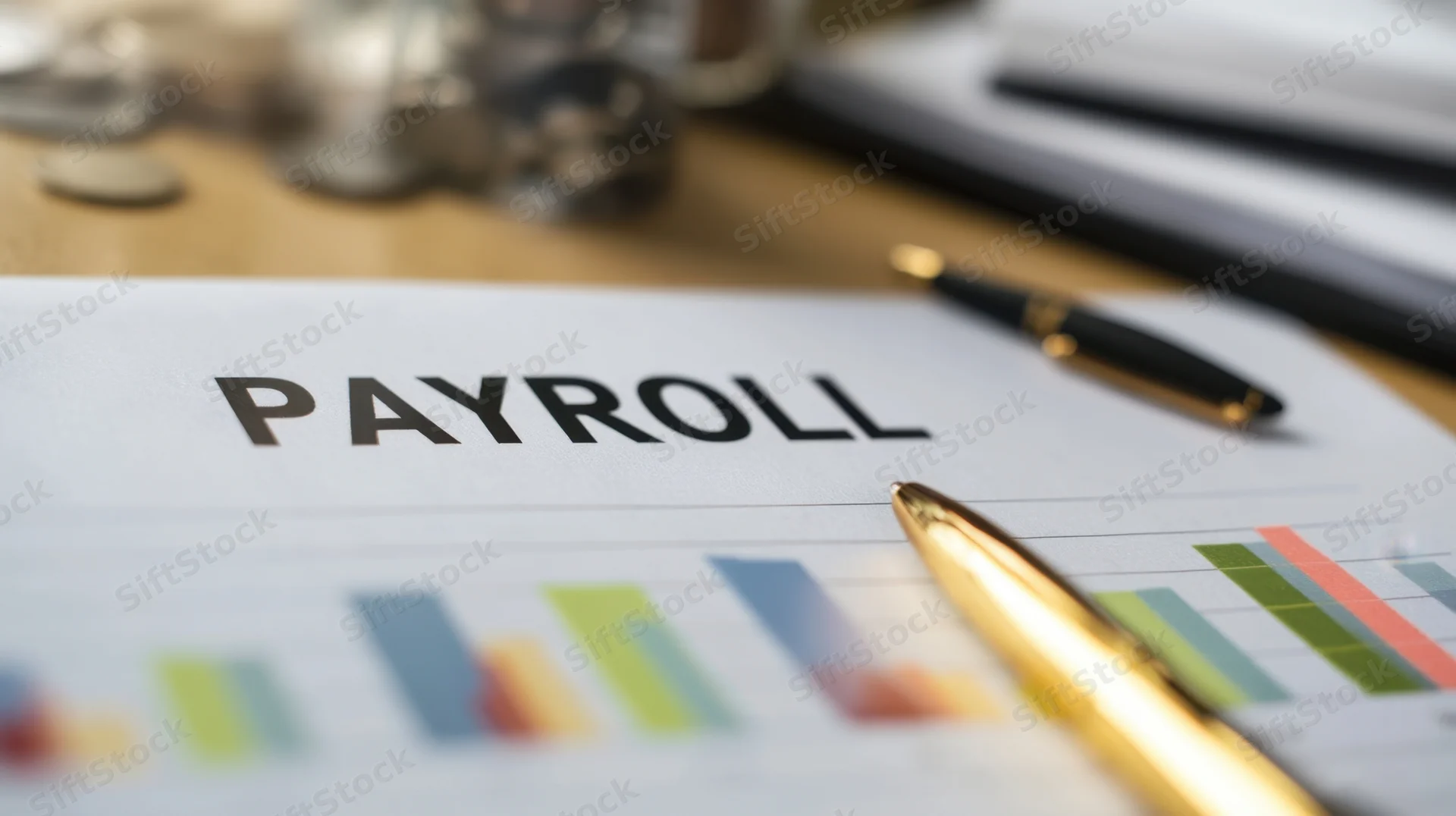 Payroll document with bar chart and pen on office desk