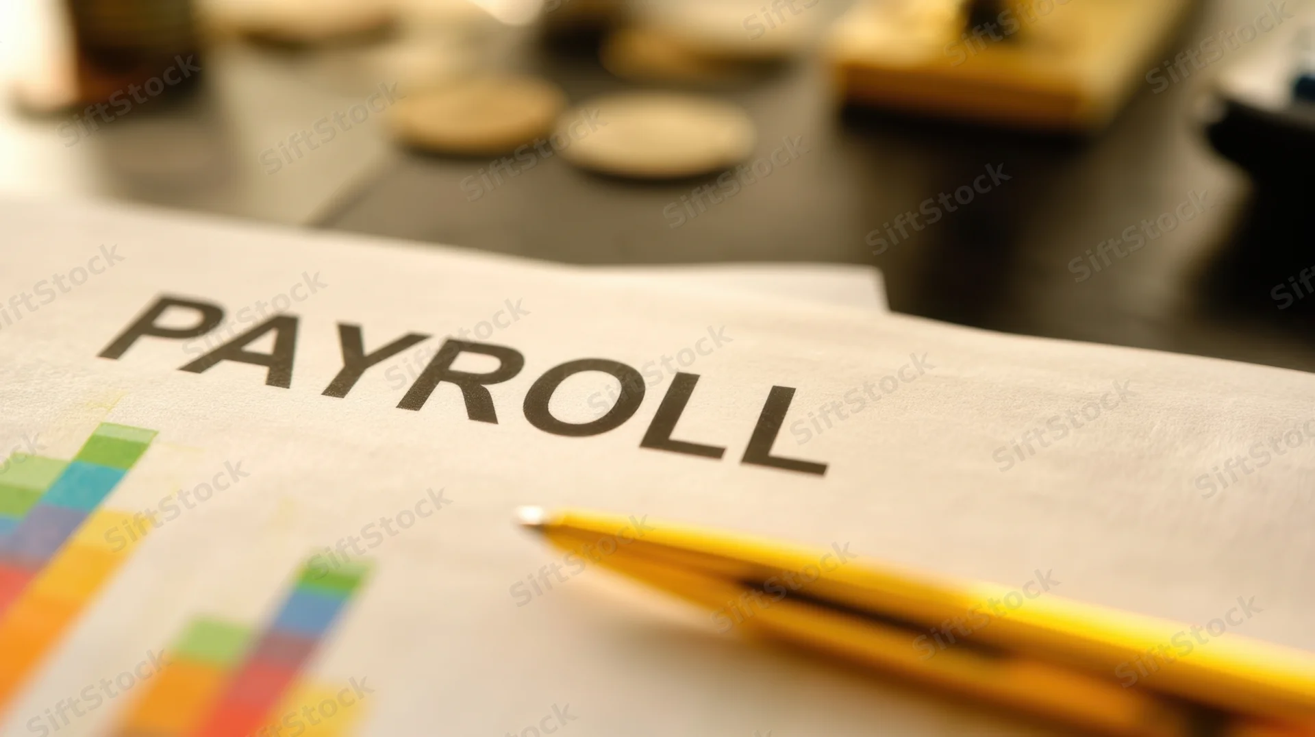Payroll document with colorful bar chart and yellow pencil on desk