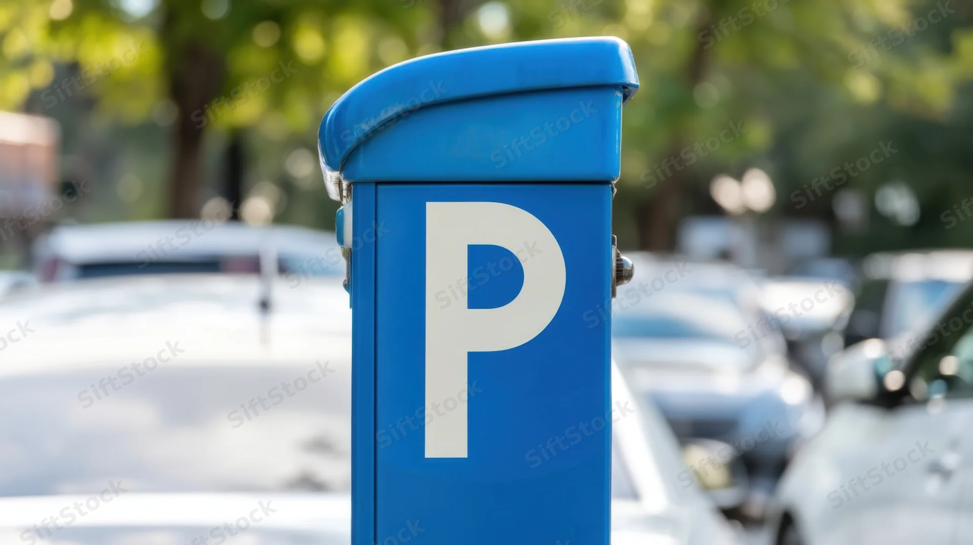 Blue parking meter with white p symbol on city street surrounded by parked cars