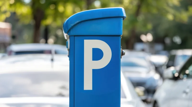Blue parking meter with white p symbol on city street surrounded by parked cars