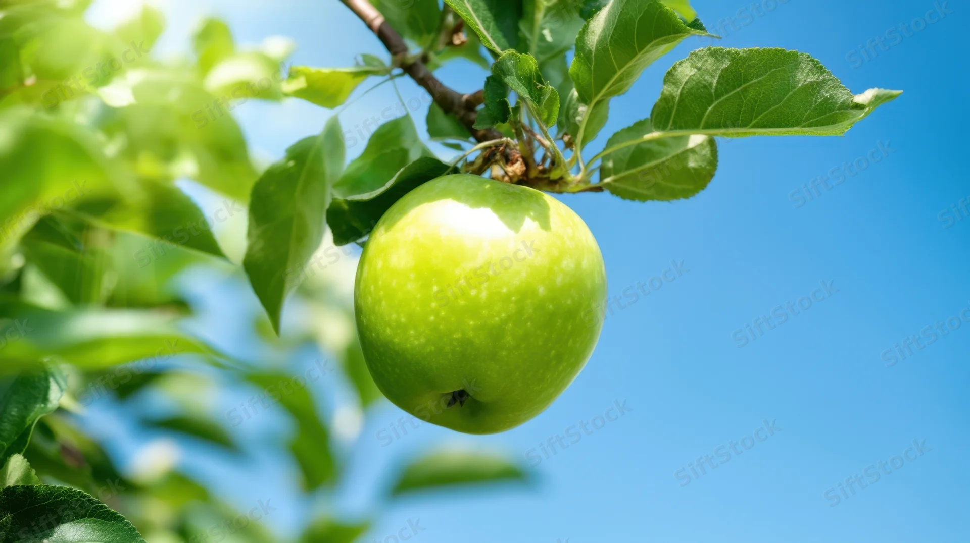 Green apple hanging from a tree branch against a clear blue sky