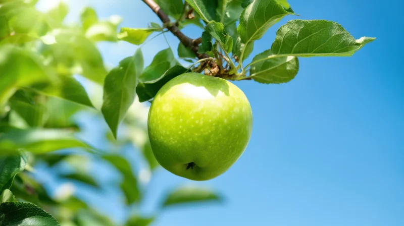 Green apple hanging from a tree branch against a clear blue sky