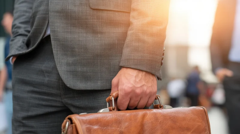 Businessman holding leather briefcase in city setting