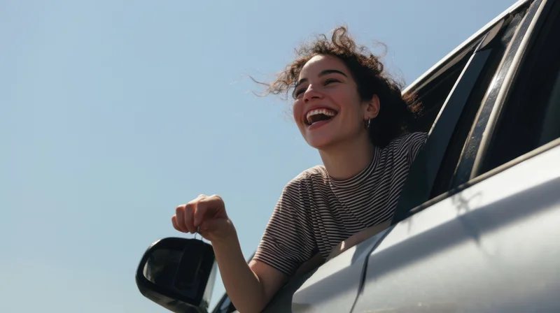 Young woman laughing with head out of car window on a sunny day