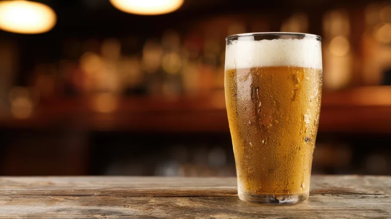 Chilled glass of beer with condensation and foam on a wooden bar table