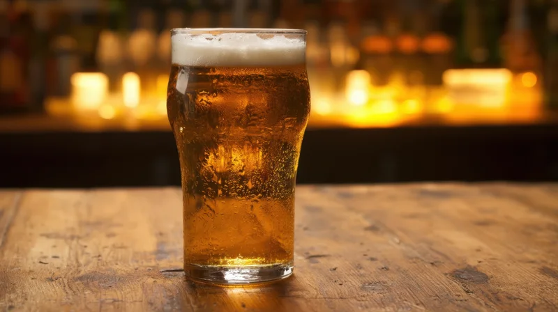 Chilled glass of beer with condensation on wooden bar table