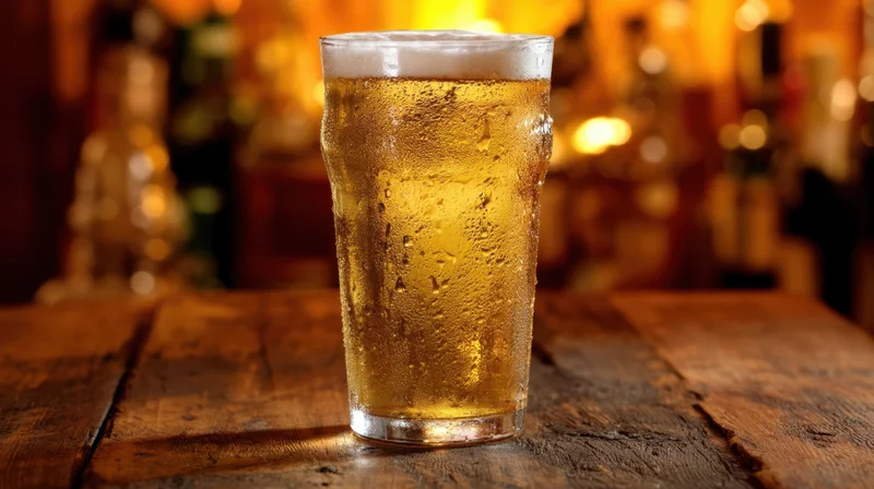 Chilled glass of beer with condensation on wooden table in pub