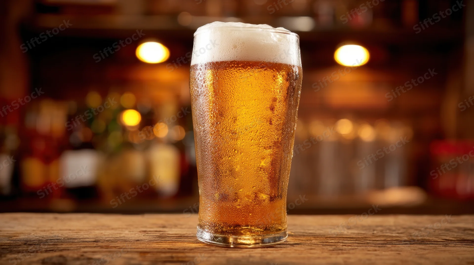 Chilled glass of beer with foam on wooden bar counter in pub setting