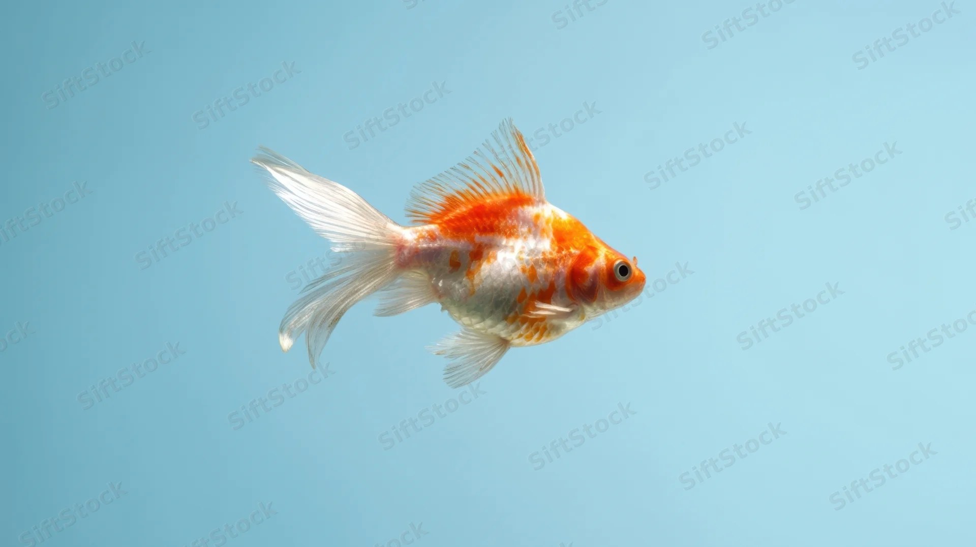 Goldfish swimming in clear blue water, isolated against plain background