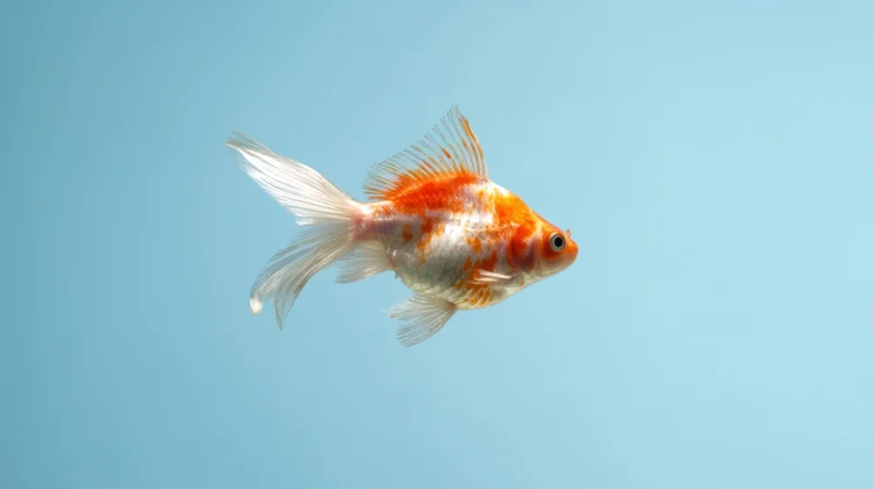 Goldfish swimming in clear blue water, isolated against plain background