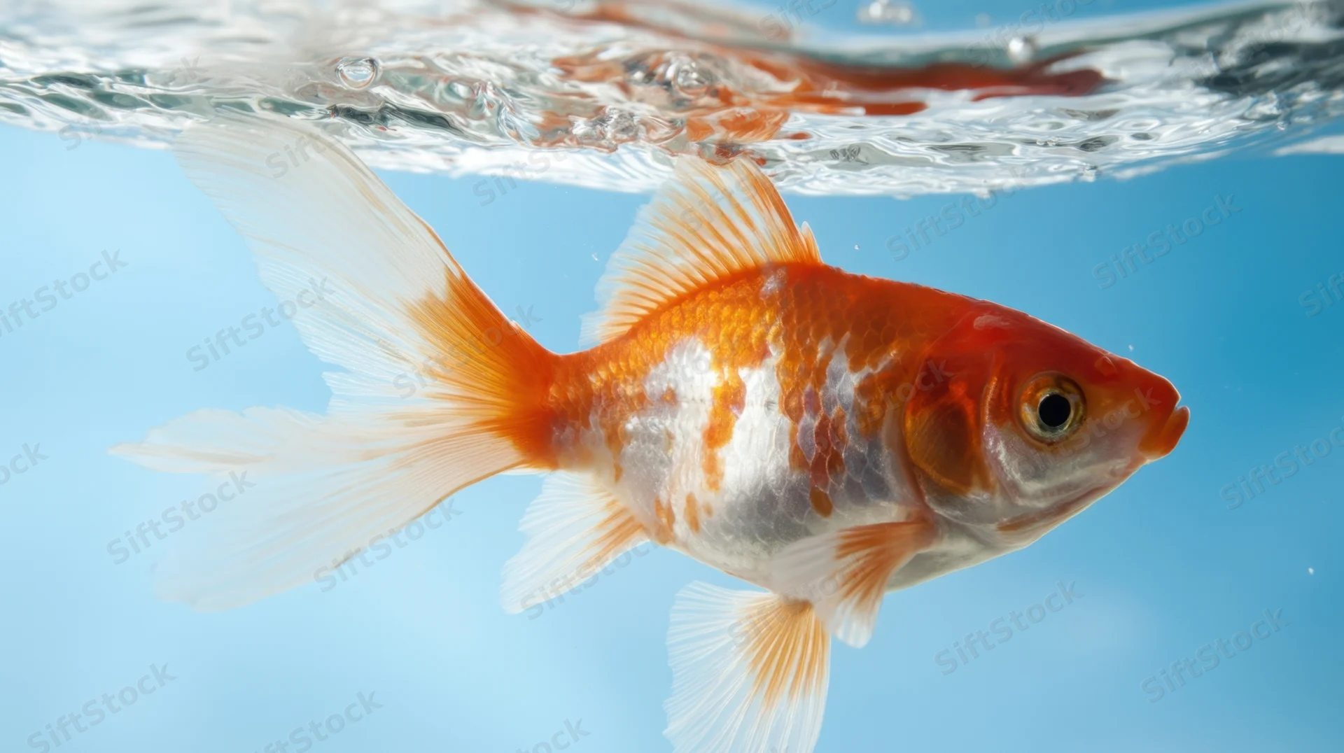 Orange and white goldfish swimming near water surface in clear blue aquarium