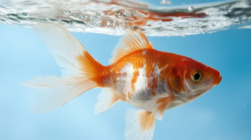 Orange and white goldfish swimming near water surface in clear blue aquarium