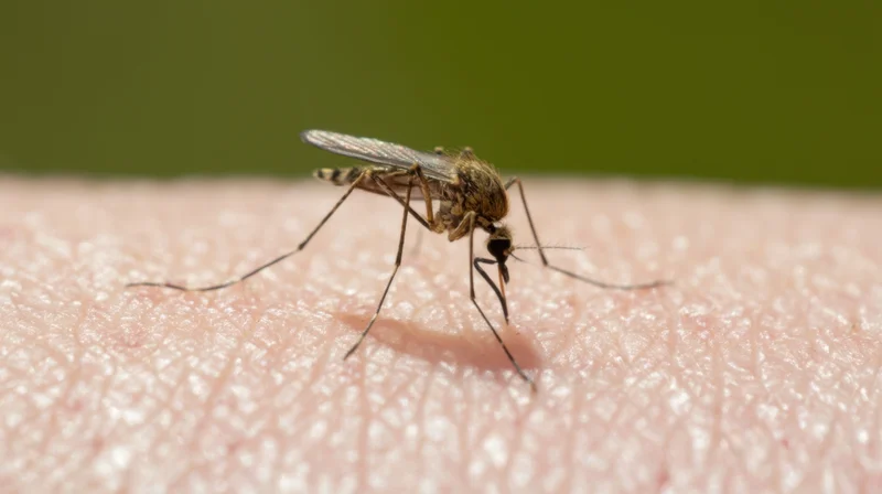 Mosquito feeding on human skin in close-up view