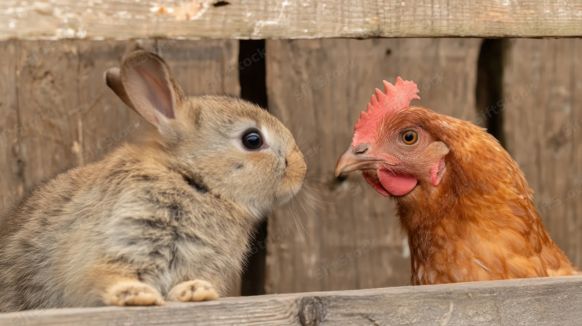 Rabbit and chicken facing each other in a wooden coop
