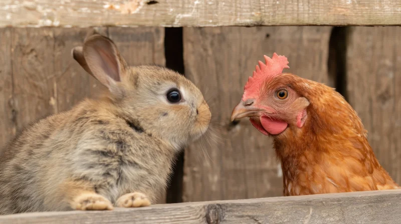 Rabbit and chicken facing each other in a wooden coop