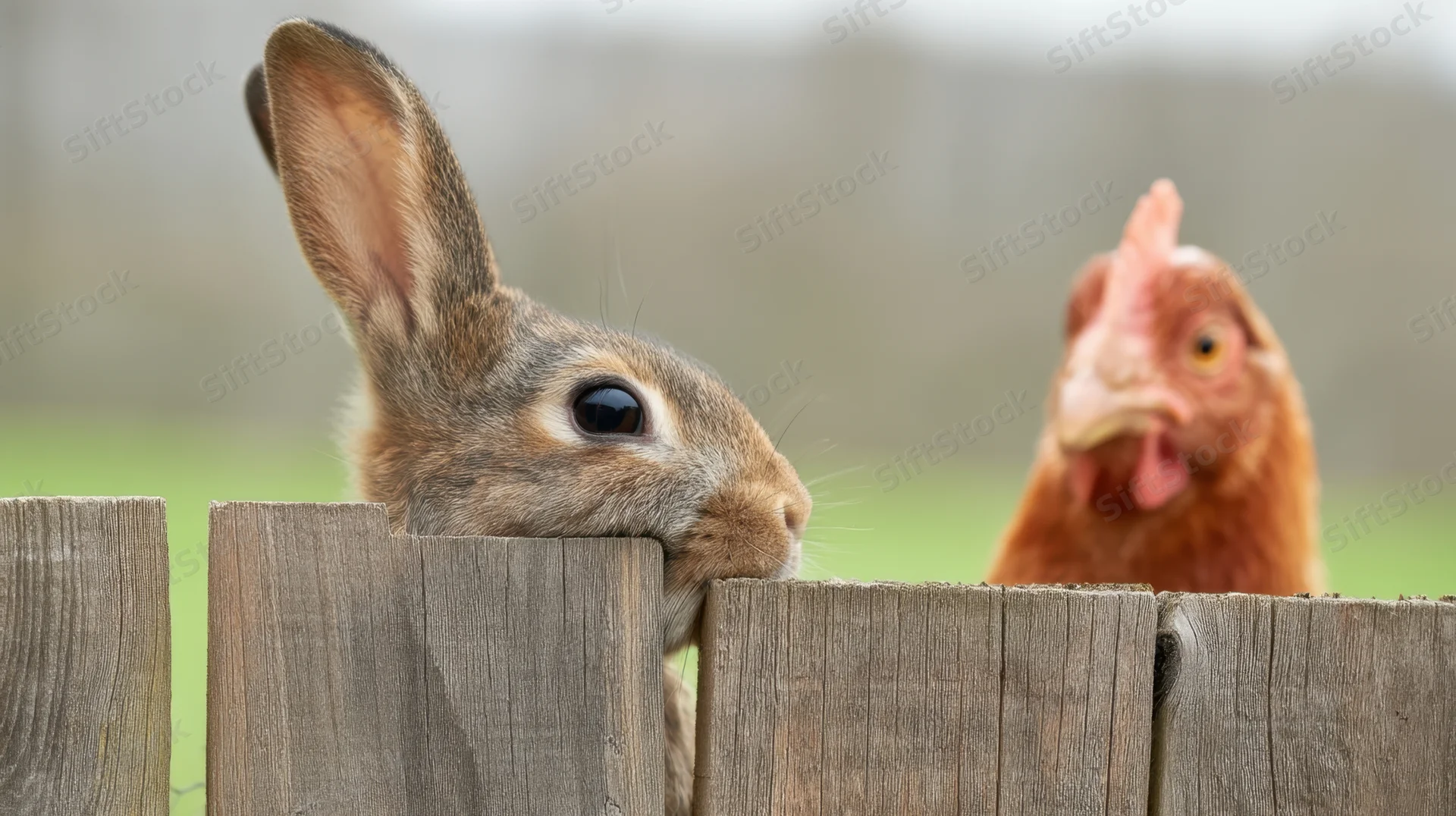 Rabbit peeking over wooden fence with chicken in background on grassy field