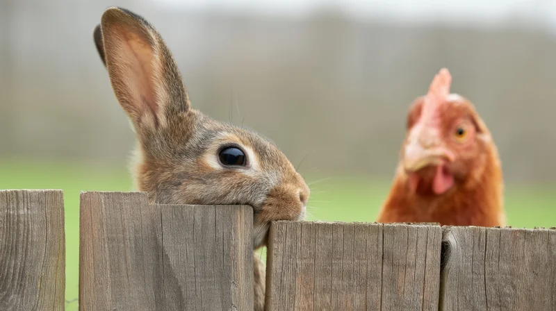 Rabbit peeking over wooden fence with chicken in background on grassy field