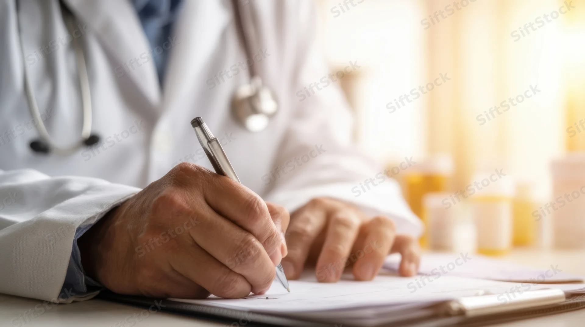 Doctor writing on a clipboard in a clinic office