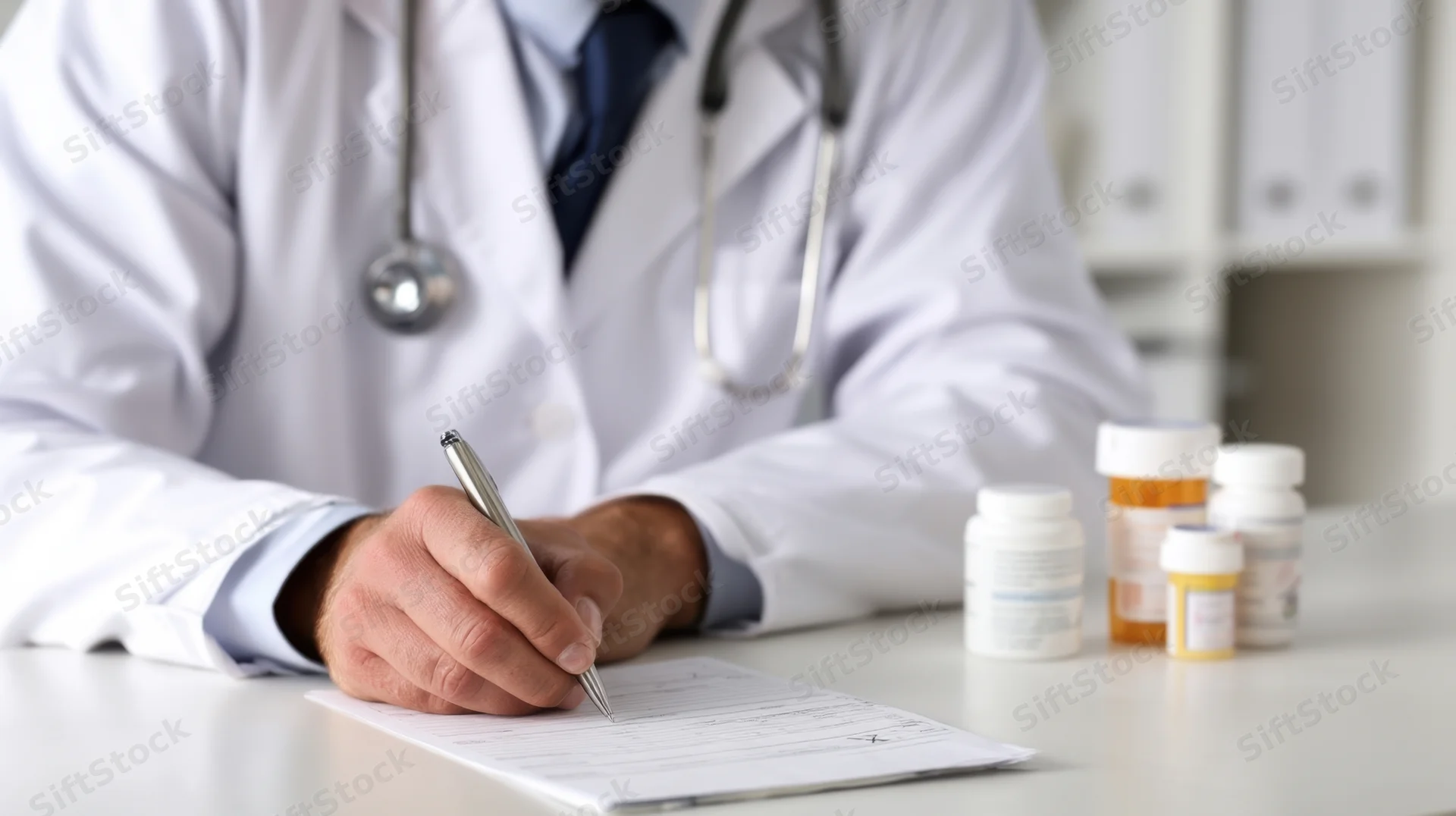 Doctor writing a prescription in a clinic office