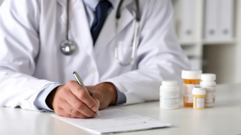 Doctor writing a prescription in a clinic office