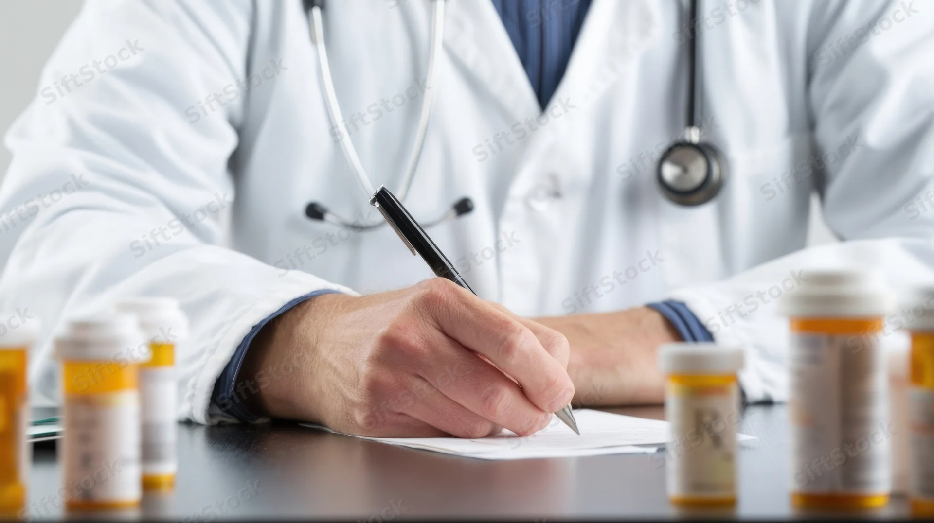 Doctor writing a prescription at a desk surrounded by pill bottles