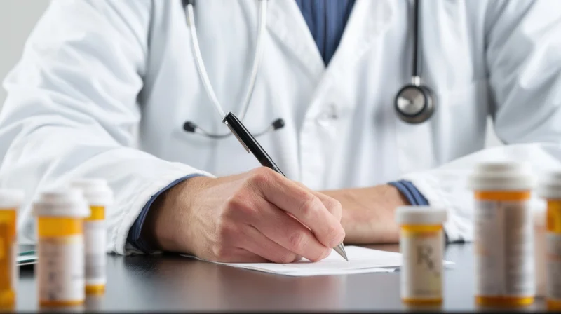 Doctor writing a prescription at a desk surrounded by pill bottles