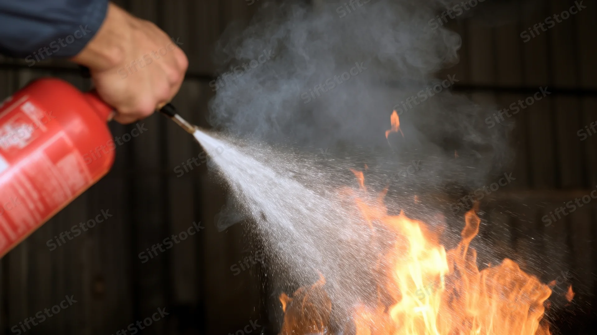 Hand holding red fire extinguisher spraying suppressant onto burning flames in a dark workshop