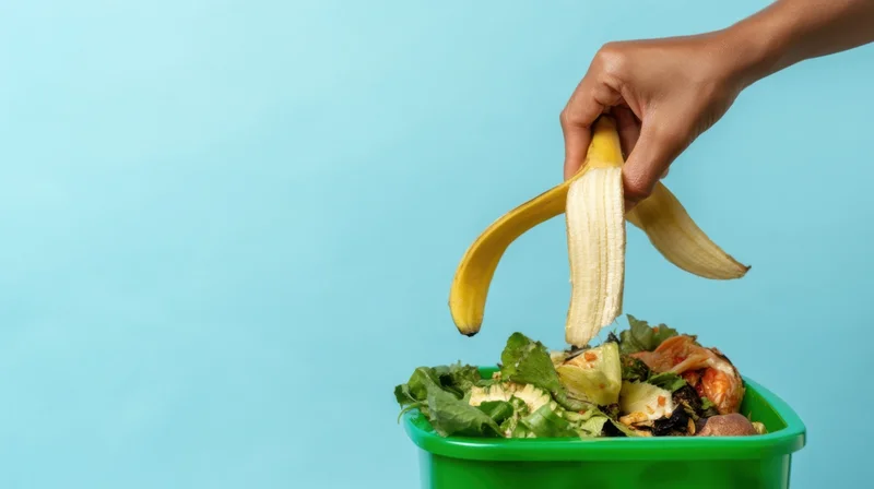 Hand dropping banana peel into green compost bin against blue background